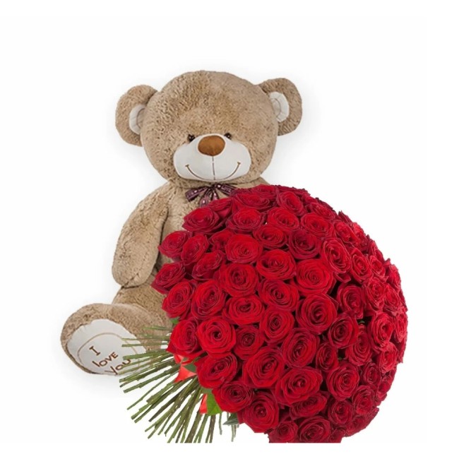 Букет цветов "101 роза и большая игрушка" Букет цветов "101 роза и большая игрушка"